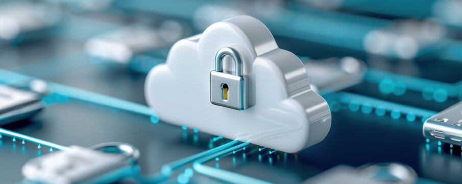 Cloud security technology with locked cloud icon on digital network background