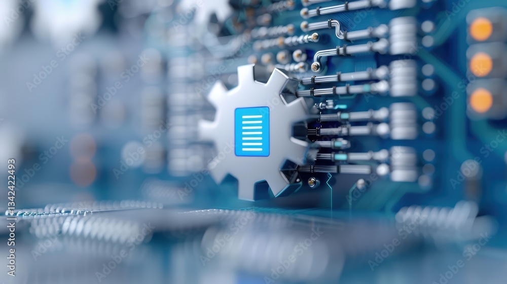 Poster close-up of a high-tech circuit board with metallic gear icon representing technology and innovation