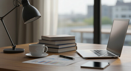Un escritorio de oficina moderno y elegante con libros financieros ordenados, un laptop y una taza de café