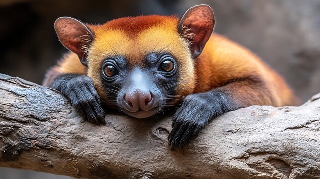 Curious cuscus rests on branch, looking into camera