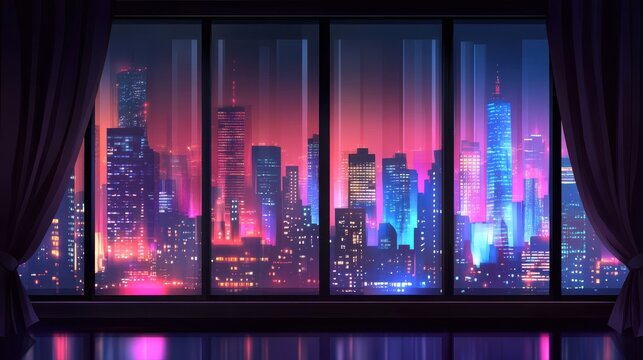 Vibrant Night Cityscape Through Modern Window with Colorful Lights