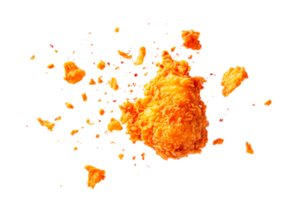 Crispy fried chicken piece with golden crunchy crumbs floating mid-air, cut out