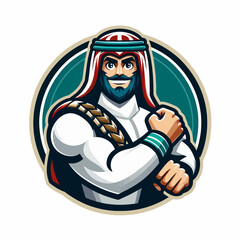 Vector illustration of an Arabian sports man — mascot emblem logo on a white background, crafted in colorful EPS10 format on a transparent isolated clipart background.