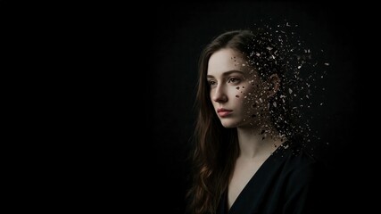 Fototapeta premium A dramatic portrait of a young woman's face dissolving into particles. A powerful concept for mental health, identity, loss, and fading away.