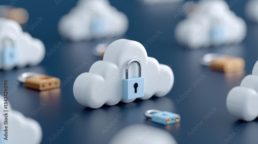 Poster cloud security concept with lock symbolizing data protection