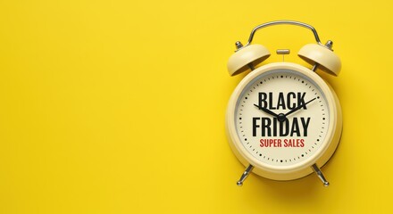 Retro alarm clock on a bright yellow background with space for text invites you to Black Friday with discounts