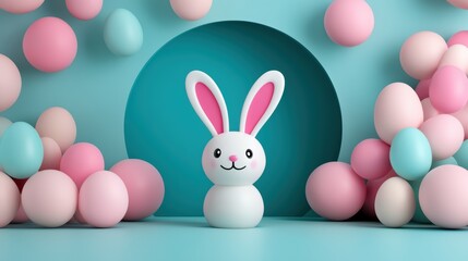 Fototapeta premium Pastel bunny surrounded by pink and blue balloons in playful setting