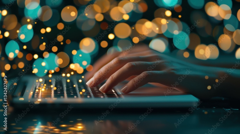 Poster closeup of hands typing on a laptop, with an ai chat hologram floating above, enhancing remote commu