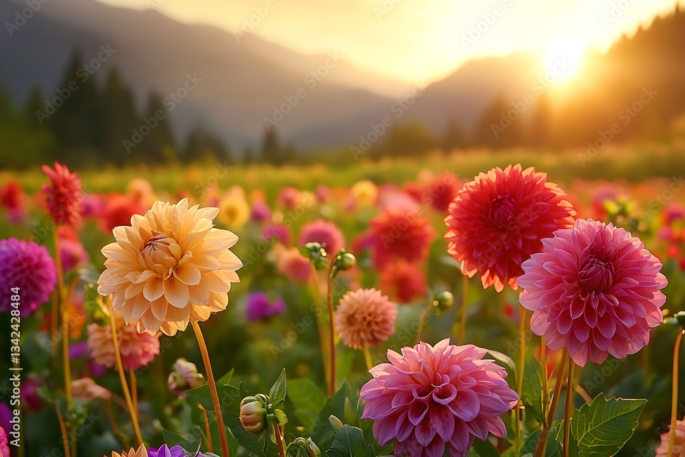 Poster breathtaking view of a flower field with pastel dahlias at sunset creating a peaceful atmosphere : g