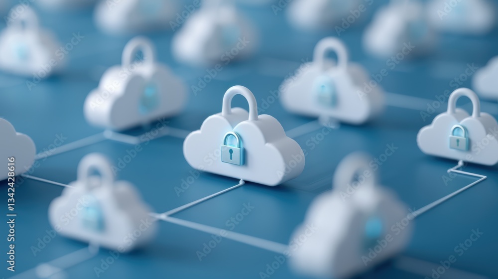 Aufkleber cloud security concept with networked clouds and locks on blue background
