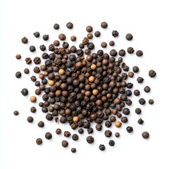Whole black peppercorns stand out against a crisp white backdrop, showcasing their unique texture and bold flavor.