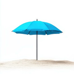 Fototapeta premium Bright blue beach umbrella stands out against a clean white background, perfect for summer vibes and sunny days.