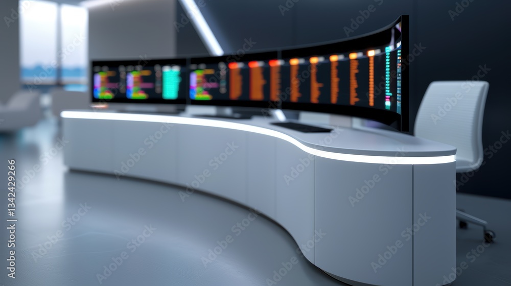 Poster modern control center with curved screens and high-tech design