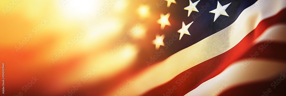 Aufkleber vibrant american flag gently swaying in the breeze with a warm sun glowing in the background : gener