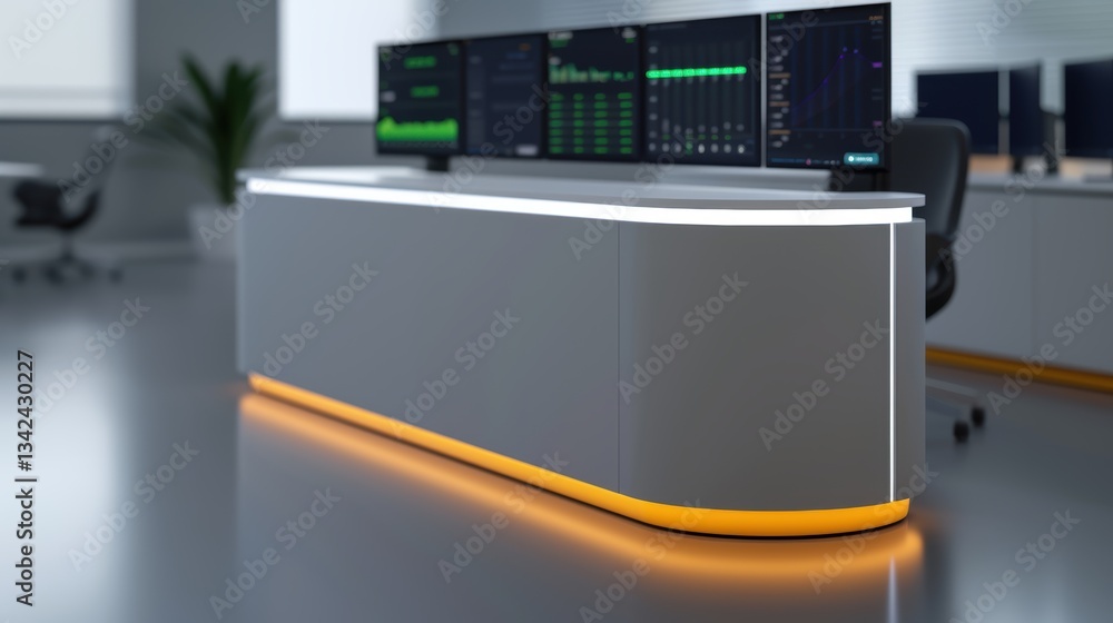 Poster modern office reception desk with digital display screens in sleek workspace