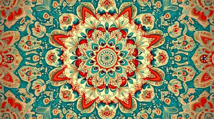 Fototapeta premium Intricate mandala design with teal, red, and cream floral patterns.