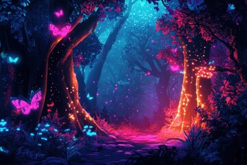 Obraz premium Illuminated Forest Pathway With Glowing Trees And Fluttering Butterflies