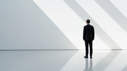 Businessman in suit contemplating in minimalist setting with shadows on wall