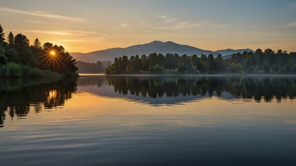Fototapeta premium A sunrise over a peaceful lake with soft reflections on the water