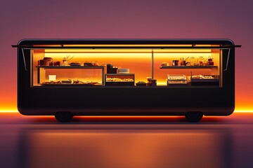 Chic food truck interior highlighting a plethora of gourmet snacks and pastries under soft lighting : Generative AI