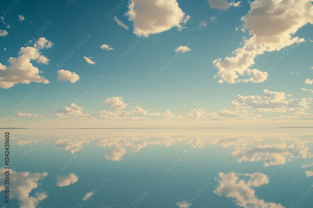 Aufkleber stunning panoramic view of a clear blue sky with fluffy clouds reflected in calm water : generative 