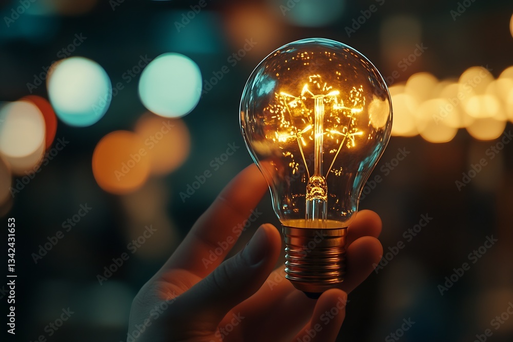 Aufkleber Hand Holding An Illuminated Light Bulb With Brilliant Glow Against A Background Of Bokeh Lights : Generative AI