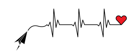 Abstract paper plane origami airplane, ekg shape route, red heart vector. Creative medical science concept design to use for cardiology, healthcare business, love concept projects.