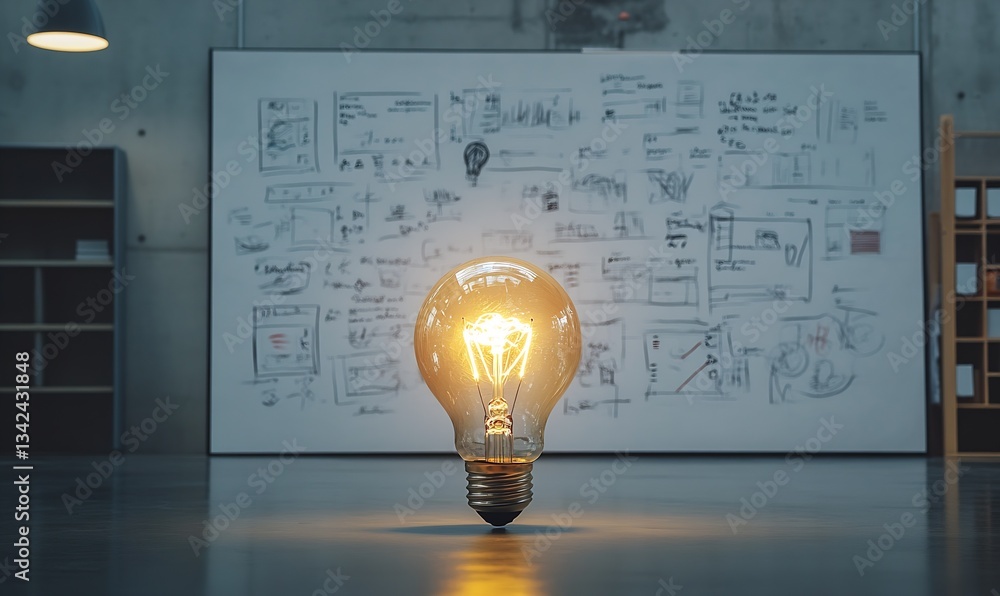 Poster glowing light bulb with business charts in an organized office space : generative ai