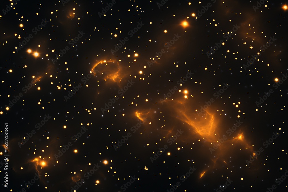 Poster captivating image of vast cosmic space illuminated by shining stars and glowing filaments of orange 