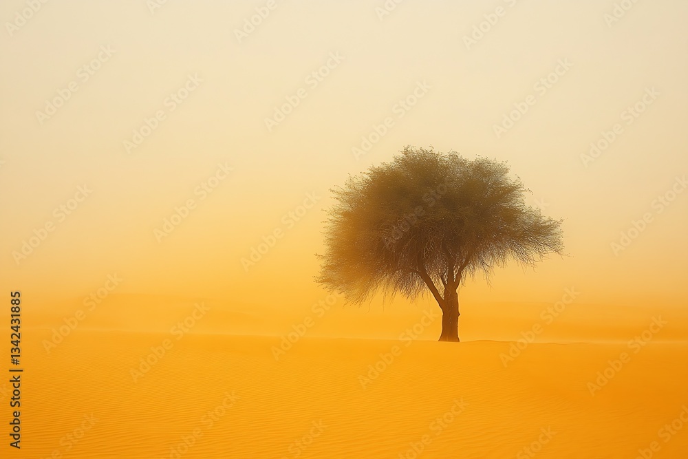 Poster Majestic tree silhouetted against a golden hazy background creating a serene desert atmosphere during sunset : Generative AI