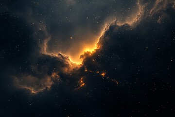 Fototapeta premium Stunning cosmic scene showcasing bright orange light illuminating dark nebula clouds in the depths of space : Generative AI