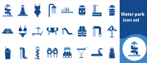 Water park icon set, entertainment, enjoyment, water, flat, construction, pipe, symbol, extreme, element, art, joy, relaxation, recreation, pool, active, abstract, collection and more