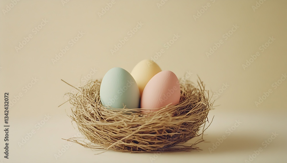 Poster colorful easter eggs in a natural straw nest on a soft beige background : generative ai