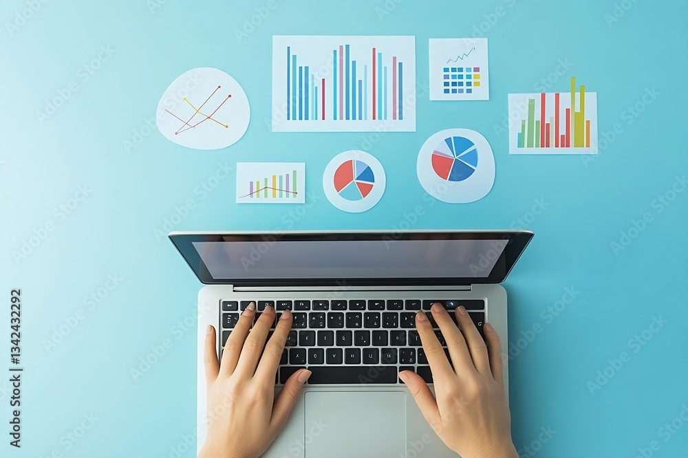 Poster person typing on laptop with business analysis graphs and charts on a blue desk : generative ai
