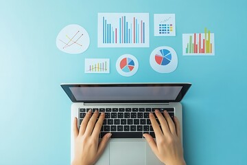 Person typing on laptop with business analysis graphs and charts on a blue desk : Generative AI