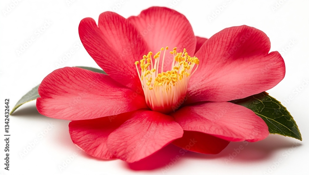 Aufkleber graceful pink camellia flower with intricate details and soft petals resting on a clean white surfac