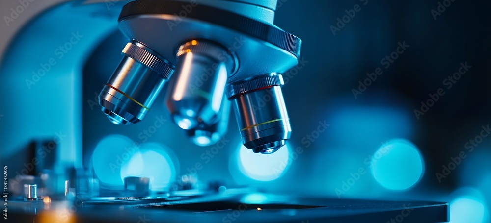 Leinwandbilder close up view of a microscope with illuminated lenses showcasing advanced scientific technology : ge