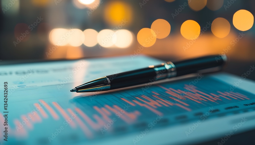 Aufkleber elegant pen placed on a contemporary financial document showing market trends with bokeh lights in t