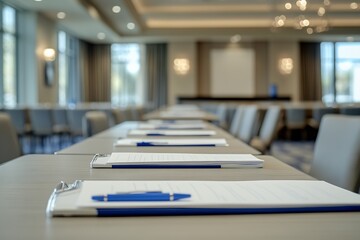 Fototapeta premium Modern conference room setup with notepads and pens ready for meeting attendees : Generative AI