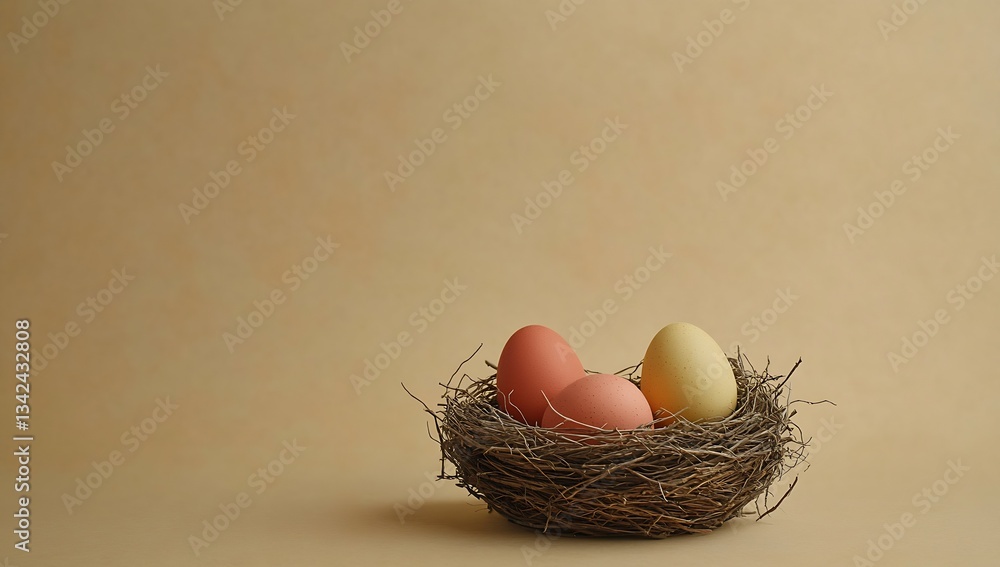 Poster Elegant red and yellow eggs nestled in a traditional nest highlighting a soft warm backdrop : Generative AI