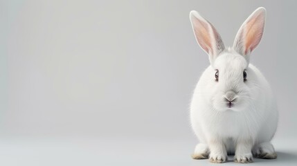 Obraz premium A fluffy rabbit with long ears sits against a crisp white background, perfect for Easterthemed designs and messages.