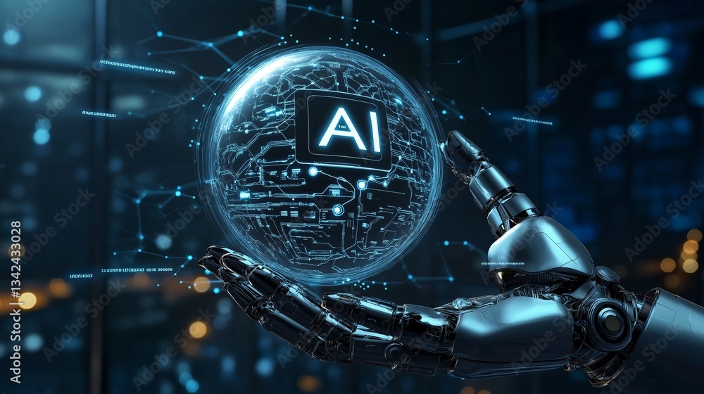 Poster Futuristic robotic hand holding a glowing AI sphere with digital neural connections, symbolizing artificial intelligence, technology advancement, and cyber innovation, Generative AI