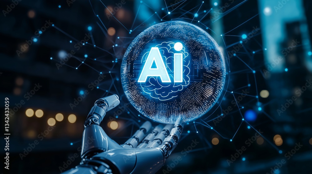 Poster Futuristic robotic hand holding a glowing AI sphere with digital neural connections, symbolizing artificial intelligence, technology advancement, and cyber innovation, Generative AI