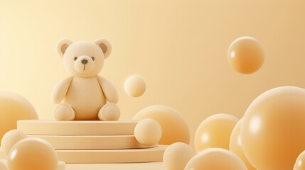 Cheerful geometric podiums display colorful wooden toys and a cuddly bear against a soft pastel yellow backdrop.