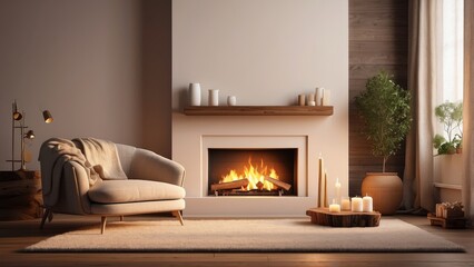 Cozy holiday living room featuring a brick fireplace with a warm fire,