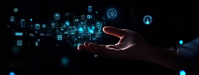 Person's hand releasing digital icons representing technology and innovation in healthcare : Generative AI