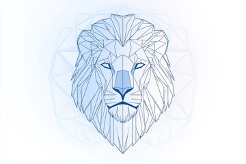 Obraz premium Minimalist geometric line art lion head illustration in blue tones, symbolizing strength, intelligence, leadership, and modern artistic vision, Generative AI
