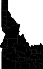 A black and white outline map of Idaho featuring all county boundaries and divisions.