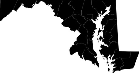 A black and white outline map of Maryland featuring all county boundaries and divisions.