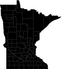 A black and white outline map of Minnesota highlighting county borders and regional divisions.